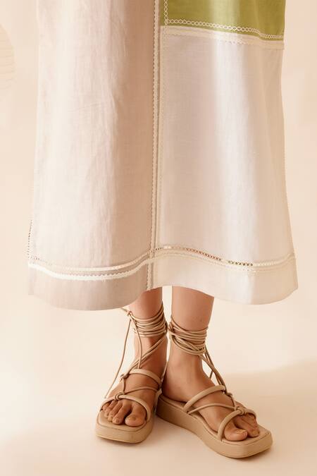 Bunka Green Cotton Lace V Neck Neesa Color Block Midi Dress at Aza Fashions Bunka_Green Cotton Lace V Neck Neesa Color Block Midi Dress _at_Aza_Fashions