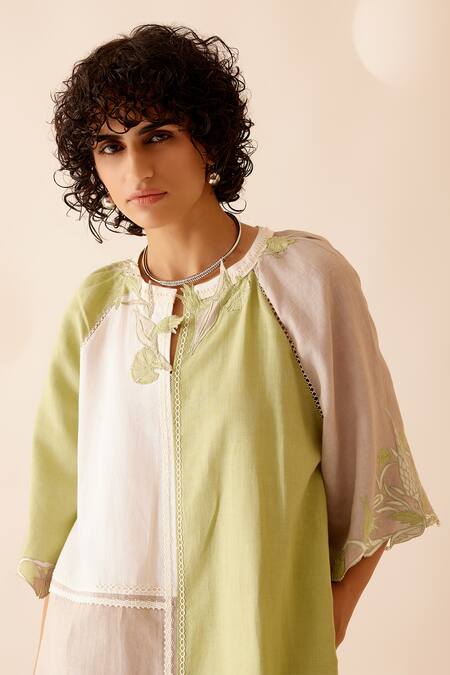 Buy Bunka Green Cotton Lace V Neck Neesa Color Block Midi Dress Buy_Bunka_Green Cotton Lace V Neck Neesa Color Block Midi Dress