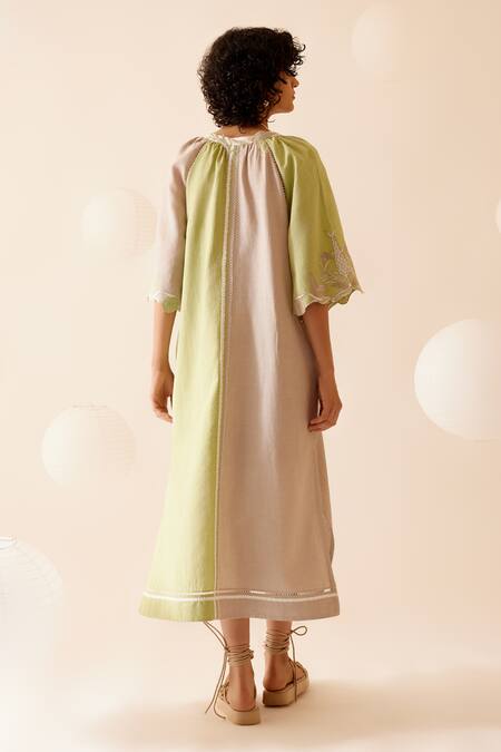 Shop Bunka Green Cotton Lace V Neck Neesa Color Block Midi Dress at Aza Fashions Shop_Bunka_Green Cotton Lace V Neck Neesa Color Block Midi Dress _at_Aza_Fashions