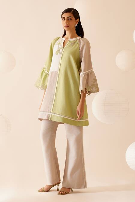 Bunka Beige Cotton Lace Neesa Bell Bottom Pant Online at Aza Fashions Bunka_Beige Cotton Lace Neesa Bell Bottom Pant _Online_at_Aza_Fashions