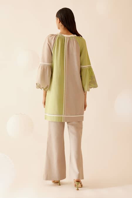 Shop Bunka Beige Cotton Lace Neesa Bell Bottom Pant at Aza Fashions Shop_Bunka_Beige Cotton Lace Neesa Bell Bottom Pant _at_Aza_Fashions