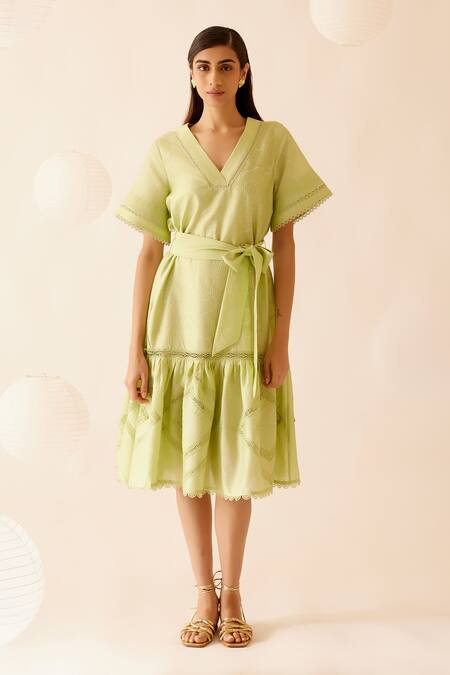 Bunka Green Cotton Embroidered Lace V Neck Sada Detailed Dress Online at Aza Fashions Bunka_Green Cotton Embroidered Lace V Neck Sada Detailed Dress _Online_at_Aza_Fashions