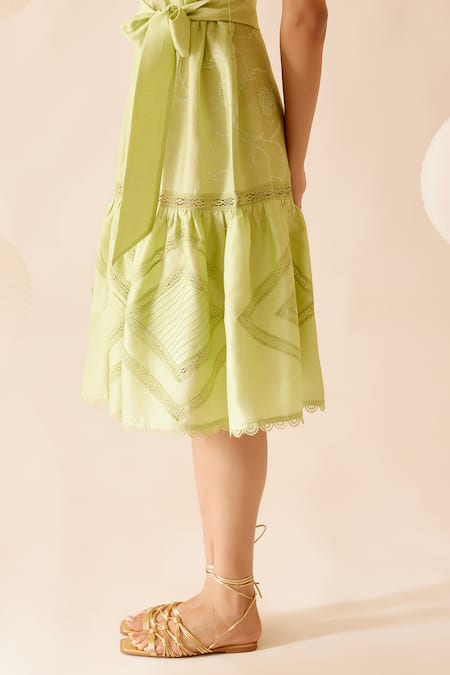 Buy Bunka Green Cotton Embroidered Lace V Neck Sada Detailed Dress Online at Aza Fashions Buy_Bunka_Green Cotton Embroidered Lace V Neck Sada Detailed Dress _Online_at_Aza_Fashions