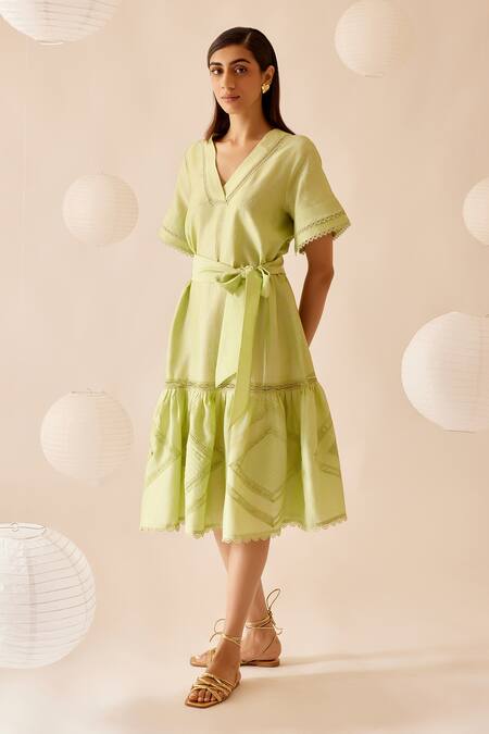 Shop Bunka Green Cotton Embroidered Lace V Neck Sada Detailed Dress Online at Aza Fashions Shop_Bunka_Green Cotton Embroidered Lace V Neck Sada Detailed Dress _Online_at_Aza_Fashions