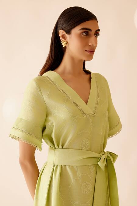 Bunka Green Cotton Embroidered Lace V Neck Sada Detailed Dress at Aza Fashions Bunka_Green Cotton Embroidered Lace V Neck Sada Detailed Dress _at_Aza_Fashions
