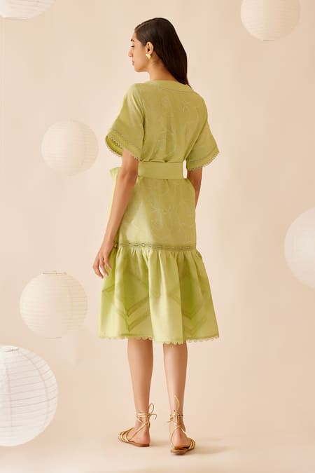 Shop Bunka Green Cotton Embroidered Lace V Neck Sada Detailed Dress at Aza Fashions Shop_Bunka_Green Cotton Embroidered Lace V Neck Sada Detailed Dress _at_Aza_Fashions