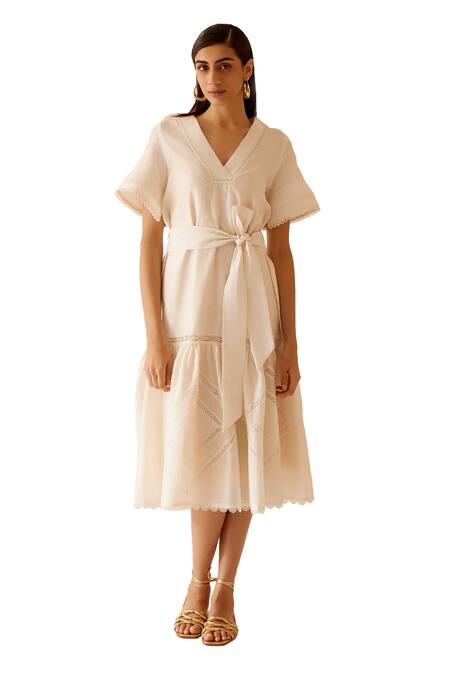 Bunka_Ivory Cotton Embroidered Lace V Neck Sada Detailed Dress _at_Aza_Fashions