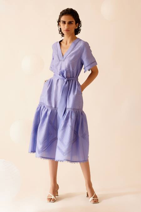 Bunka Purple Cotton Embroidered Lace V Neck Sada Detailed Midi Dress Online at Aza Fashions Bunka_Purple Cotton Embroidered Lace V Neck Sada Detailed Midi Dress _Online_at_Aza_Fashions