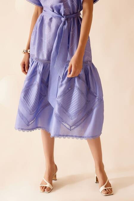 Buy Bunka Purple Cotton Embroidered Lace V Neck Sada Detailed Midi Dress Online at Aza Fashions Buy_Bunka_Purple Cotton Embroidered Lace V Neck Sada Detailed Midi Dress _Online_at_Aza_Fashions