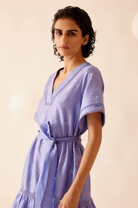 Shop Bunka Purple Cotton Embroidered Lace V Neck Sada Detailed Midi Dress Online at Aza Fashions Shop_Bunka_Purple Cotton Embroidered Lace V Neck Sada Detailed Midi Dress _Online_at_Aza_Fashions