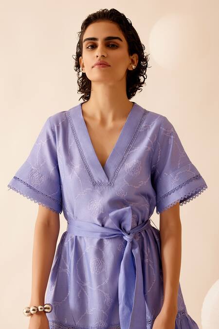 Bunka Purple Cotton Embroidered Lace V Neck Sada Detailed Midi Dress at Aza Fashions Bunka_Purple Cotton Embroidered Lace V Neck Sada Detailed Midi Dress _at_Aza_Fashions