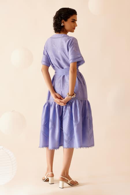 Shop Bunka Purple Cotton Embroidered Lace V Neck Sada Detailed Midi Dress at Aza Fashions Shop_Bunka_Purple Cotton Embroidered Lace V Neck Sada Detailed Midi Dress _at_Aza_Fashions