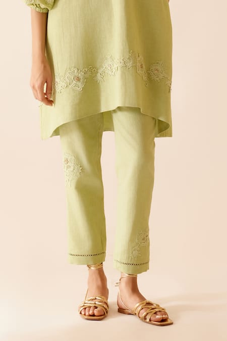 Bunka Green Cotton Lace Safina Base Pant Online at Aza Fashions Bunka_Green Cotton Lace Safina Base Pant _Online_at_Aza_Fashions