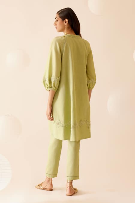 Shop Bunka Green Cotton Lace Safina Base Pant at Aza Fashions Shop_Bunka_Green Cotton Lace Safina Base Pant _at_Aza_Fashions