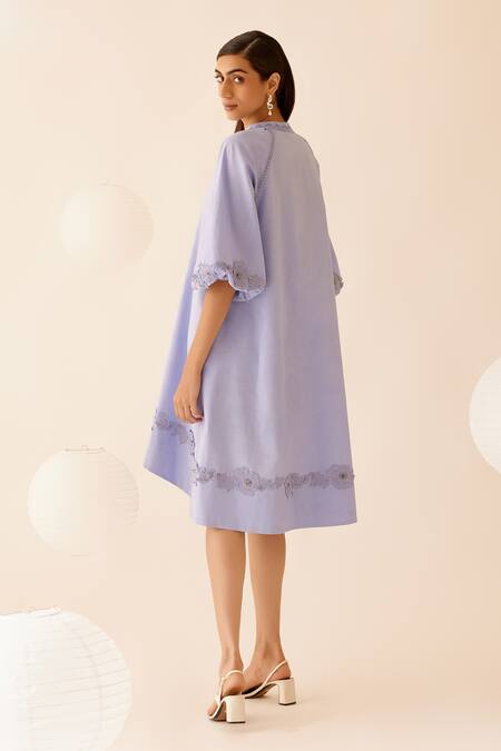 Shop_Bunka_Purple Cotton Lace Band Collar Safina Detailed Dress _Online_at_Aza_Fashions