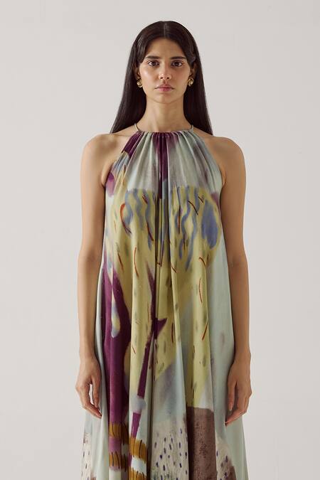 Buy_Cord_Multi Color Cotton Halter Neck Mirage Print Circle Midi Dress_Online_at_Aza_Fashions