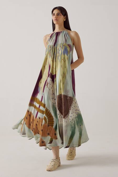 Shop_Cord_Multi Color Cotton Halter Neck Mirage Print Circle Midi Dress_Online_at_Aza_Fashions