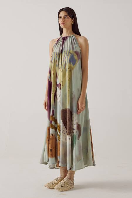 Cord_Multi Color Cotton Halter Neck Mirage Print Circle Midi Dress_at_Aza_Fashions