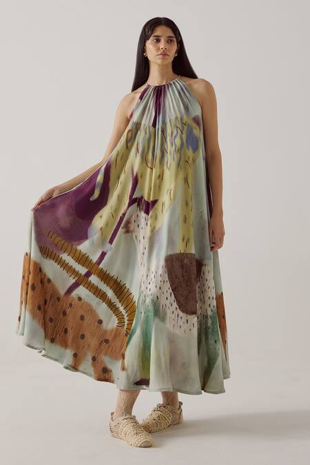 Buy_Cord_Multi Color Cotton Halter Neck Mirage Print Circle Midi Dress