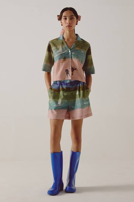 Cord_Multi Color Cotton Collared Skater Print Shirt With Shorts_Online_at_Aza_Fashions