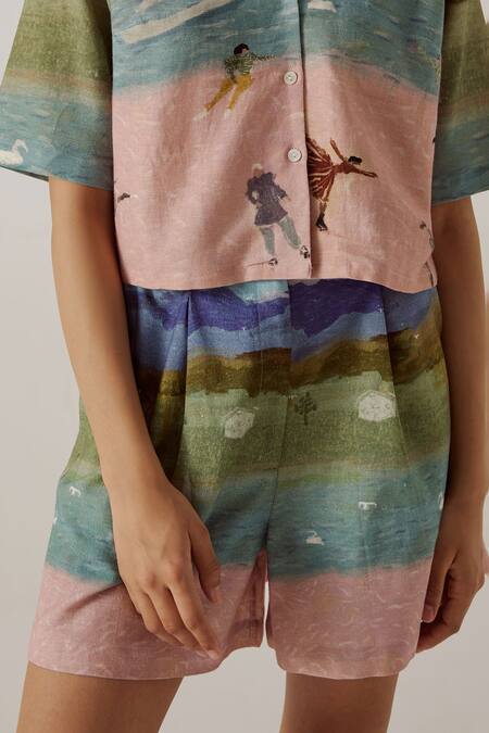 Shop_Cord_Multi Color Cotton Collared Skater Print Shirt With Shorts_Online_at_Aza_Fashions