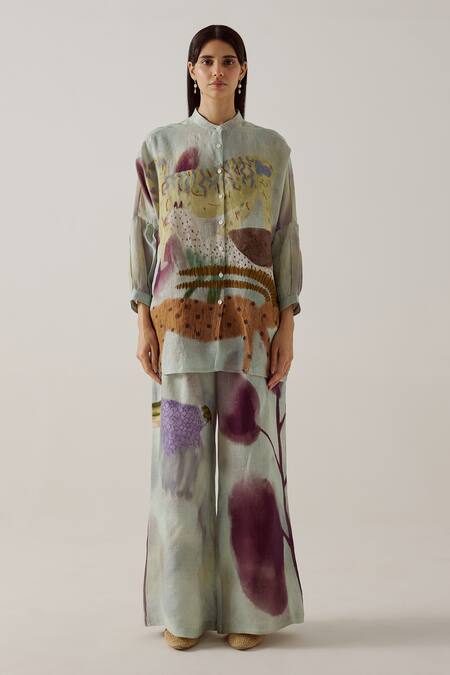 Shop_Cord_Blue Linen Mandarin Collar Mia Mirage Print Shirt With Pant_Online_at_Aza_Fashions