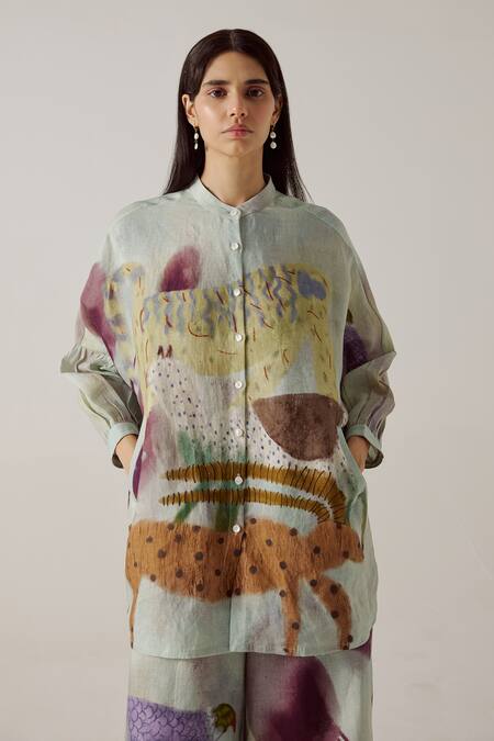 Shop_Cord_Blue Linen Mandarin Collar Mia Mirage Print Shirt With Pant