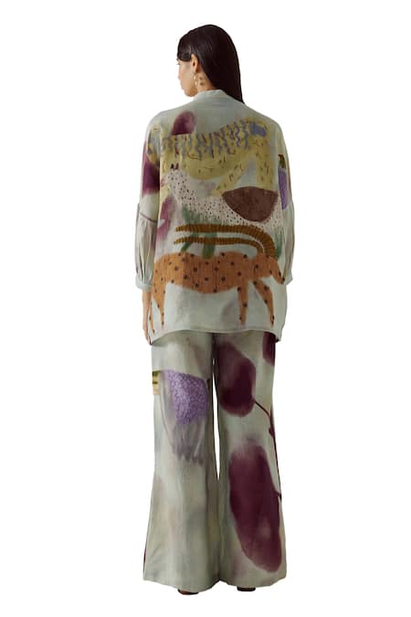 Buy_Cord_Blue Linen Mandarin Collar Mia Mirage Print Shirt_Online_at_Aza_Fashions