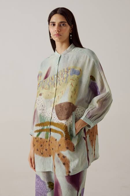 Shop_Cord_Blue Linen Mandarin Collar Mia Mirage Print Shirt_Online_at_Aza_Fashions