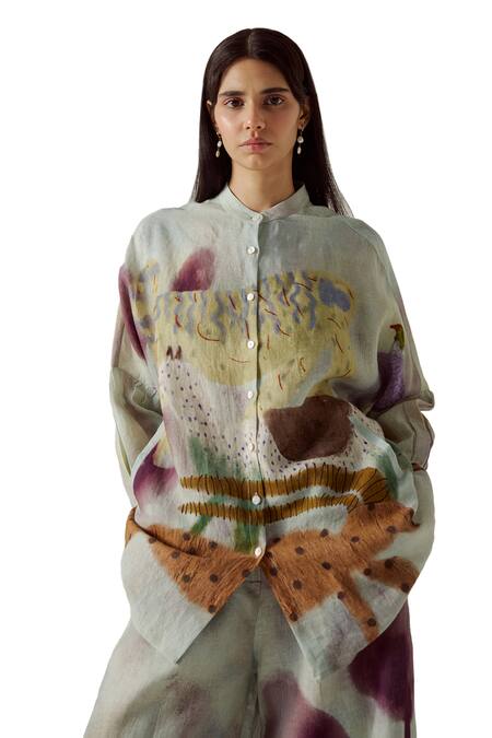 Cord_Blue Linen Mandarin Collar Mia Mirage Print Shirt_at_Aza_Fashions