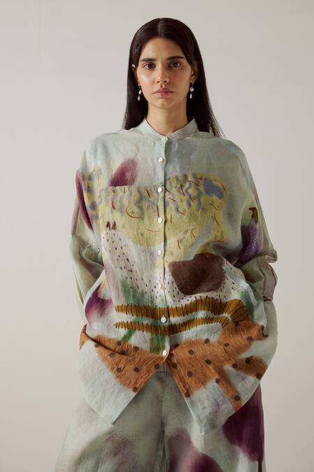 Buy_Cord_Blue Linen Mandarin Collar Mia Mirage Print Shirt