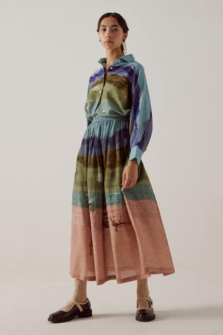 Shop Cord Blue Cotton Pintuck Skater Print A-line Skirt at Aza Fashions Shop_Cord_Blue Cotton Pintuck Skater Print A-line Skirt_at_Aza_Fashions