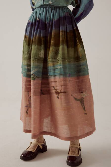 Cord Blue Cotton Pintuck Skater Print A-line Skirt Online at Aza Fashions Cord_Blue Cotton Pintuck Skater Print A-line Skirt_Online_at_Aza_Fashions