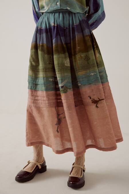 Buy Cord Blue Cotton Pintuck Skater Print A-line Skirt Online at Aza Fashions Buy_Cord_Blue Cotton Pintuck Skater Print A-line Skirt_Online_at_Aza_Fashions