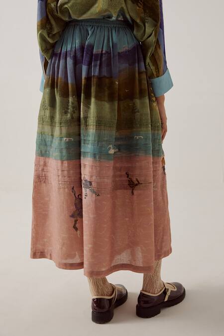 Shop Cord Blue Cotton Pintuck Skater Print A-line Skirt Online at Aza Fashions Shop_Cord_Blue Cotton Pintuck Skater Print A-line Skirt_Online_at_Aza_Fashions