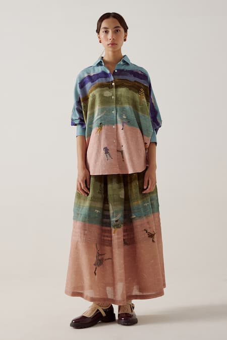 Cord Multi Color Cotton Piping Collared Ruby Skater Print Shirt With Pant Online at Aza Fashions Cord_Multi Color Cotton Piping Collared Ruby Skater Print Shirt With Pant_Online_at_Aza_Fashions