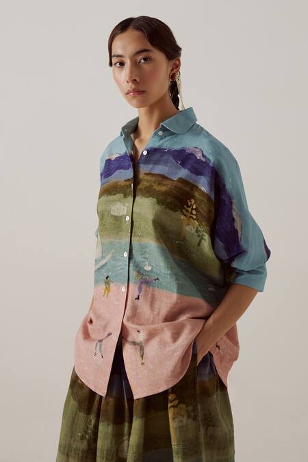 Buy Cord Multi Color Cotton Piping Collared Ruby Skater Print Shirt With Pant Online at Aza Fashions Buy_Cord_Multi Color Cotton Piping Collared Ruby Skater Print Shirt With Pant_Online_at_Aza_Fashions