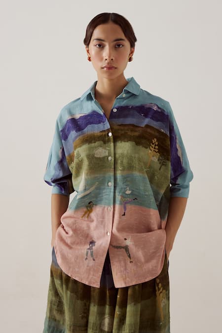 Shop Cord Multi Color Cotton Piping Collared Ruby Skater Print Shirt With Pant Online at Aza Fashions Shop_Cord_Multi Color Cotton Piping Collared Ruby Skater Print Shirt With Pant_Online_at_Aza_Fashions