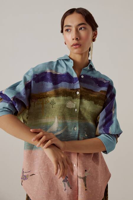 Cord Multi Color Cotton Piping Collared Ruby Skater Print Shirt With Pant at Aza Fashions Cord_Multi Color Cotton Piping Collared Ruby Skater Print Shirt With Pant_at_Aza_Fashions