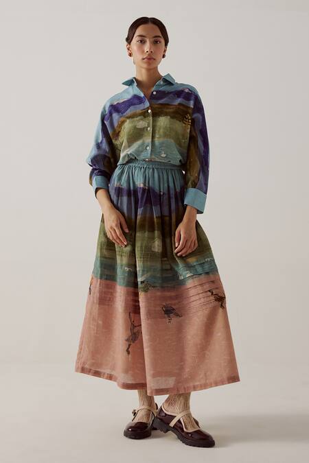 Buy Cord Multi Color Cotton Piping Collared Ruby Skater Print Shirt With Pant Buy_Cord_Multi Color Cotton Piping Collared Ruby Skater Print Shirt With Pant