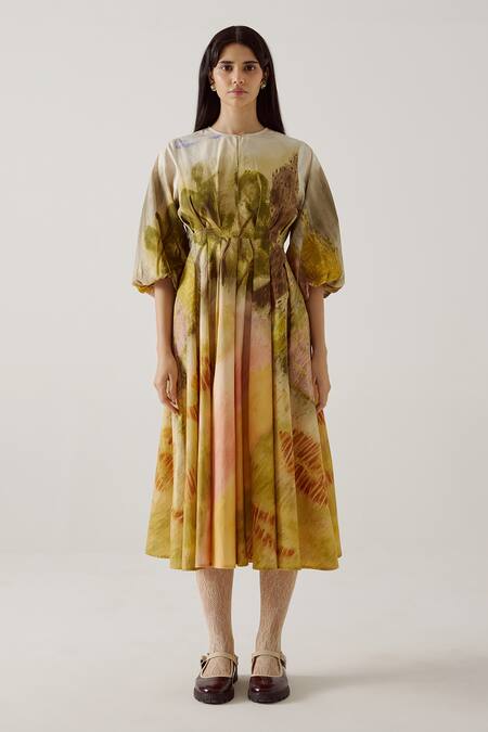 Cord_Yellow Cotton Round Neck Tokyo Dale Print Dress_Online_at_Aza_Fashions
