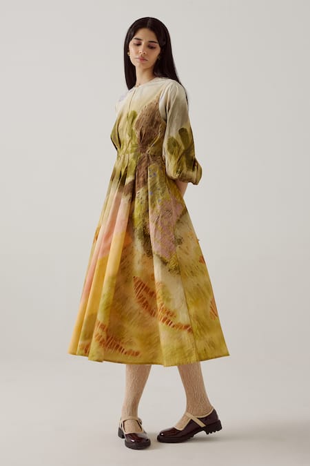Buy_Cord_Yellow Cotton Round Neck Tokyo Dale Print Dress_Online_at_Aza_Fashions