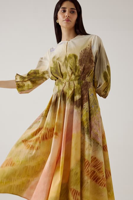 Shop_Cord_Yellow Cotton Round Neck Tokyo Dale Print Dress_Online_at_Aza_Fashions