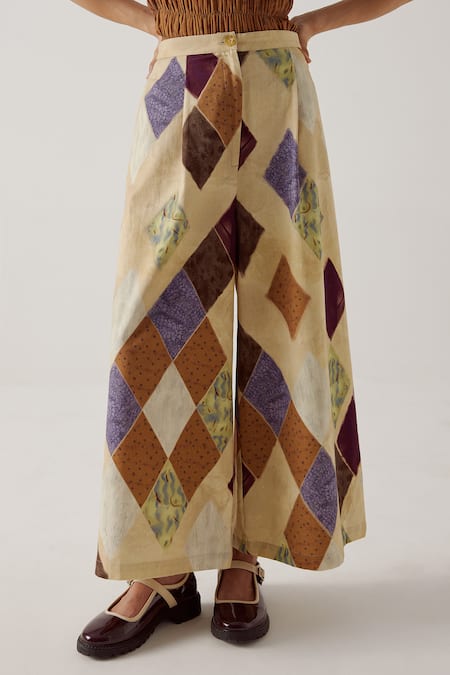 Cord_Beige Twill Wide Leg Argyle Print Pant_Online_at_Aza_Fashions