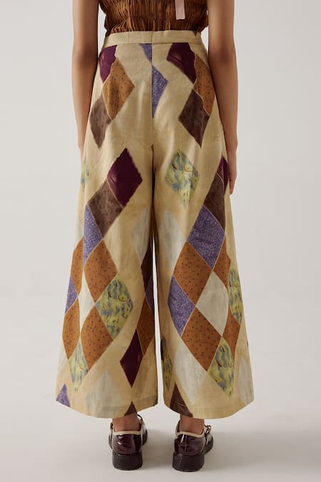 Shop_Cord_Beige Twill Wide Leg Argyle Print Pant_Online_at_Aza_Fashions