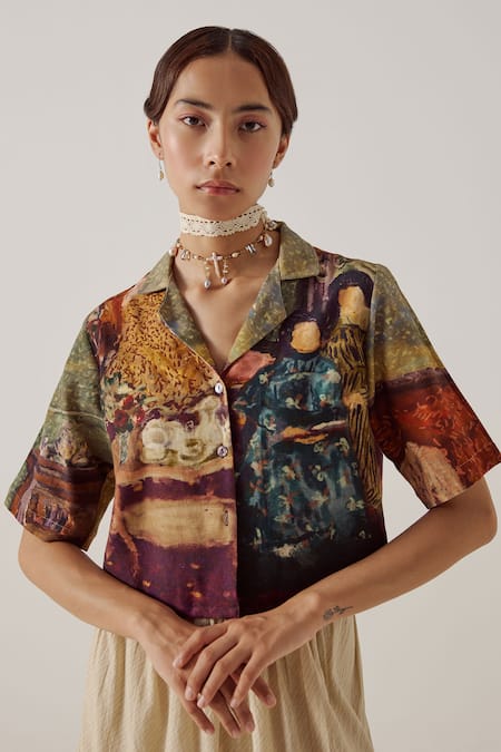 Cord High Tea Print Crop Shirt 