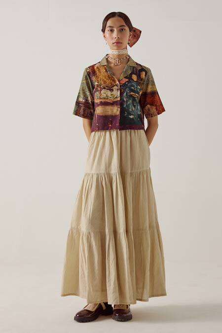 Cord Multi Color Cotton Collared High Tea Print Crop Shirt Online at Aza Fashions Cord_Multi Color Cotton Collared High Tea Print Crop Shirt_Online_at_Aza_Fashions