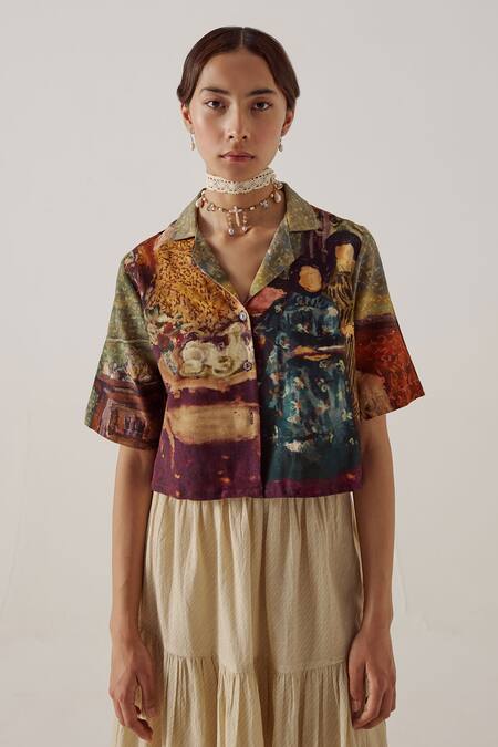 Cord Multi Color Cotton Collared High Tea Print Crop Shirt at Aza Fashions Cord_Multi Color Cotton Collared High Tea Print Crop Shirt_at_Aza_Fashions