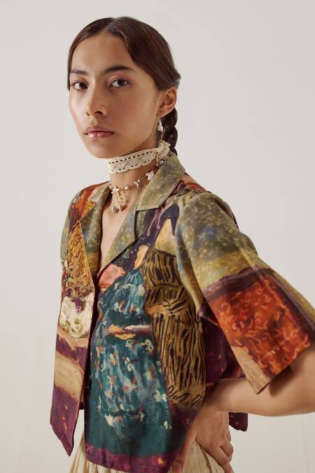 Buy Cord Multi Color Cotton Collared High Tea Print Crop Shirt Buy_Cord_Multi Color Cotton Collared High Tea Print Crop Shirt