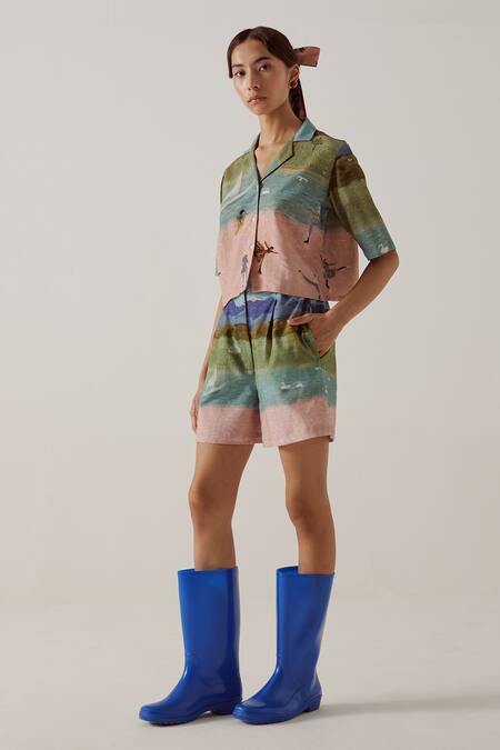 Cord_Multi Color Cotton Collared Skater Print Crop Shirt_Online_at_Aza_Fashions